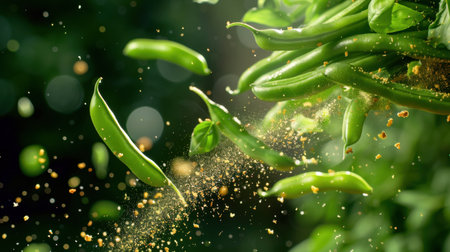 This image captures fresh green peas and herbs suspended in mid-air, surrounded by sparkling dust, showcasing vibrancy and culinary creativity.の素材