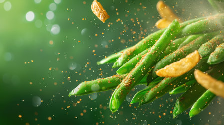 A stunning image of fresh green beans tossed with crunchy toppings, creating a vibrant and appetizing composition against a blurred green background.の素材