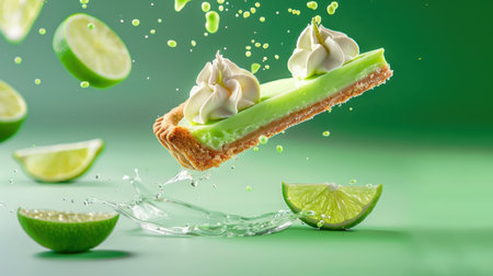This image showcases a vibrant lime pie slice with creamy topping, suspended in mid-air surrounded by splashes of lime juice, against a vivid green backdrop.の素材