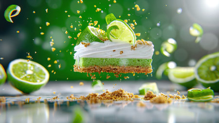 A visually appealing image showcasing a slice of lime dessert with whipped cream and crumbled crust, surrounded by lime slices, creating a fresh and vibrant culinary experience.の素材