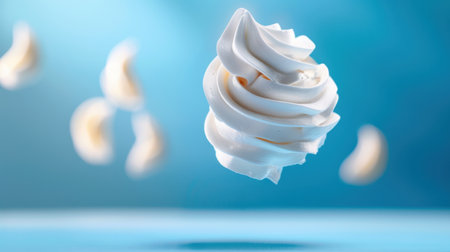 An artistic depiction of a soft, creamy whipped swirl suspended against a vibrant blue backdrop, enhanced by floating cashew pieces. Ideal for food enthusiasts.の素材
