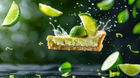A vibrant image featuring splashes of lime and a creamy dessert slice on a dark background, ideal for food photography and culinary inspiration.の素材