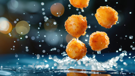 Experience the delightful splash of crispy fried balls in water, showcasing a perfect blend of texture and color against a vibrant bokeh background.の素材