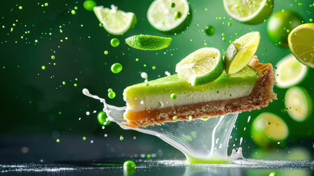 Experience a captivating visual of a lime tart slice surrounded by vibrant lime slices and a creamy splash. The refreshing green backdrop enhances the dessert's appeal.の素材