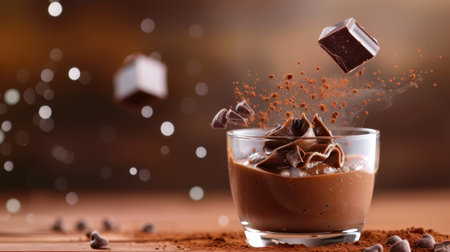 A captivating close-up of a rich chocolate dessert with floating cocoa pieces, creating a dynamic splash against a warm backdrop, showcasing culinary artistry.の素材