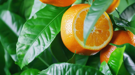 This image captures fresh oranges nestled among lush green leaves, illustrating the vibrant colors and natural beauty of citrus fruits in a garden setting.の素材