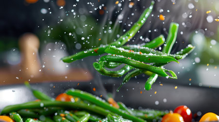 A captivating image showcasing fresh green beans and cherry tomatoes suspended in mid-air surrounded by seasoning and salt, emphasizing culinary creativity.の素材