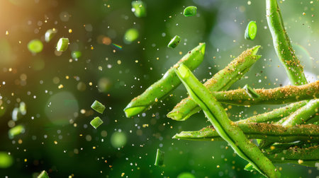 This dynamic image features fresh green beans falling amidst a sprinkle of spices and herbs, set against a vibrant natural backdrop. Perfect for culinary projects!の素材