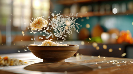 A mesmerizing capture of rice grains floating above a wooden bowl in a cozy kitchen. The warm light creates an inviting atmosphere perfect for culinary delights.の素材