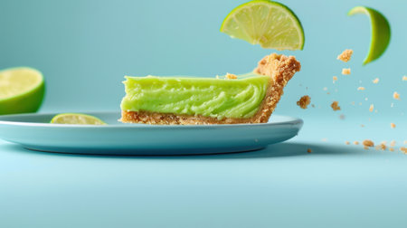 A vibrant slice of lime pie sits on a light blue plate, garnished with fresh lime wedges. The pie features a creamy green filling and a crumbly crust, perfect for summer.の素材