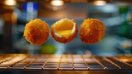 This captivating image features three perfectly breaded balls, showcasing a golden crispy exterior that encases a warm, melting center. Ideal for food enthusiasts.の素材