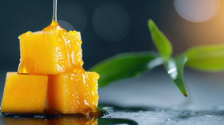 This captivating image showcases fresh mango cubes with honey drizzling down, set against a smooth surface, accented by green leaves. Perfect for food and wellness themes.の素材