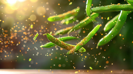 Fresh green peas gracefully float in a sunlit kitchen, surrounded by a sparkling atmosphere that captures the essence of healthy cooking.の素材