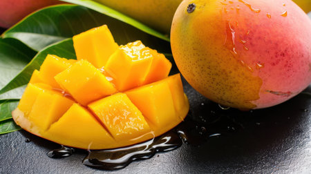 This captivating image showcases fresh mango slices arranged artfully on a black stone surface, highlighting their vibrant color and freshness.の素材