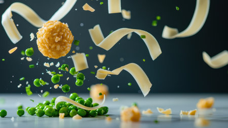 A visually captivating image showcasing green peas, pasta strips, and flavorful spheres floating mid-air, embodying creativity and the art of cooking.の素材