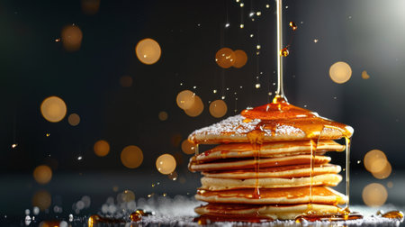 A close-up image of a mouthwatering stack of fluffy pancakes drizzled with golden syrup. The background features bright bokeh lights, enhancing the appetizing nature of this breakfast treat.の素材