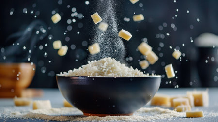 An artistic capture of floating rice grains and cubes over a black bowl, creating a visually appealing culinary scene filled with texture and aroma.の素材