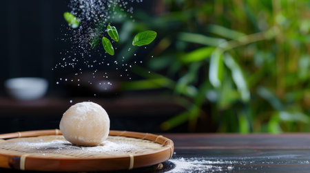 This captivating image features a delicate dessert dusted with powder and garnished with fresh leaves, creating an inviting and artistic food presentation.の素材