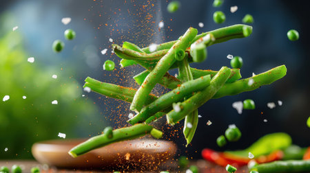 This stunning image captures fresh green beans and vibrant peas tossed in mid-air, enhanced by spices and a sprinkle of salt, embodying culinary creativity.の素材