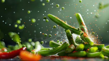 A stunning display of green beans and spices exploding in motion, capturing the vibrant essence of culinary artistry and healthy cooking practices.の素材