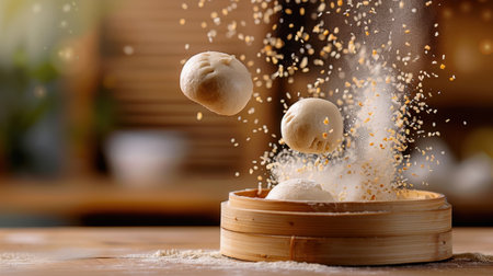 Whimsical scene showcasing dough balls gracefully flipping in the air, surrounded by a cloud of flour dust, highlighting the joy of culinary creation.の素材