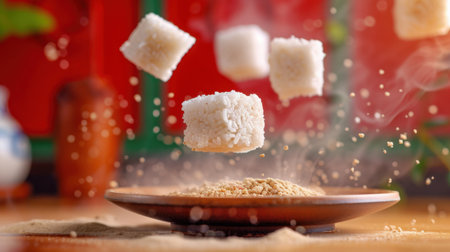 This captivating image showcases levitating cubes of rice above a wooden plate, surrounded by delicate dust particles, creating an exquisite culinary scene.の素材