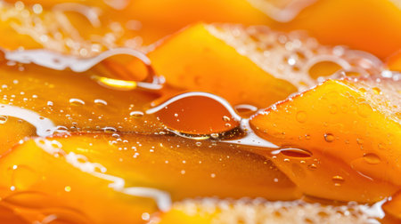This close-up image features vibrant orange cubes submerged in a bubbly liquid, showcasing freshness and playfulness. The shimmering surface adds to the appetizing appeal.の素材