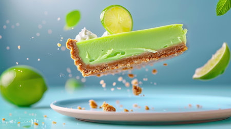 A vibrant and enticing image of a slice of lime pie suspended in mid-air, surrounded by fresh lime wedges and mint leaves, creating a refreshing and appetizing visual.の素材