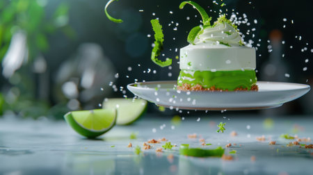 A beautiful dessert featuring a creamy lime cake elegantly balanced on a plate, garnished with fresh lime slices and sprinkles, capturing culinary artistry.の素材
