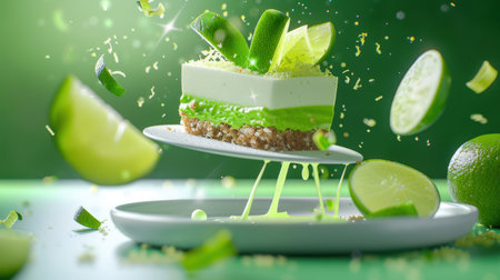 A visually stunning lime dessert captured in mid-air, surrounded by flying lime slices and zest. This vibrant image highlights freshness, creativity, and culinary art.の素材