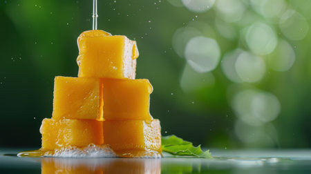 This captivating image features fresh mango cubes glistening with water droplets, beautifully stacked against a blurred green backdrop, evoking freshness and vitality.の素材