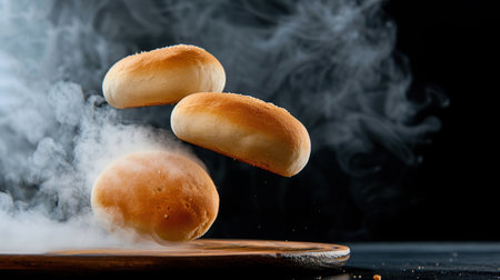 This captivating image showcases freshly baked bread rolls floating gracefully above a wooden surface, enveloped in a soft cloud of steam. The rich texture and warm colors enhance its visual appeal, making it a perfect representation of culinary artistry.の素材