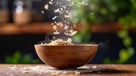 A captivating wooden bowl filled with steaming rice and seasoning flakes, showcased in a cozy kitchen surrounded by lush greenery, reflecting warmth and comfort.の素材