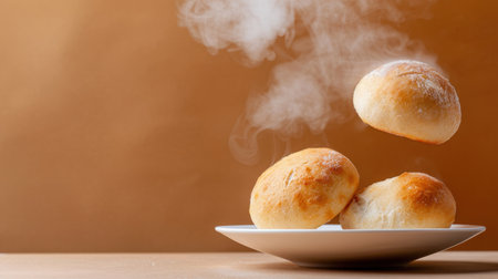 Three fluffy bread rolls float above a white plate, exuding warmth and freshness. Steam rises, creating a cozy atmosphere, perfect for culinary delights.の素材