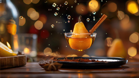 A captivating image of a pear suspended in honey with a cinnamon stick, surrounded by floating bubbles and a warm bokeh background. Ideal for food-themed projects.の素材