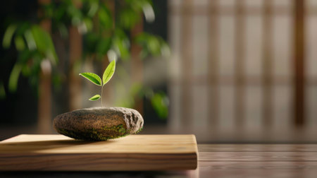 A vibrant plant emerges from a textured rock, representing resilience and the beauty of nature in a serene indoor setting, perfect for wellness and inspiration.の素材