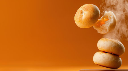 A captivating image of freshly baked bread rolls floating above a wooden board, generating steam against a vibrant orange backdrop, evoking warmth and comfort.の素材