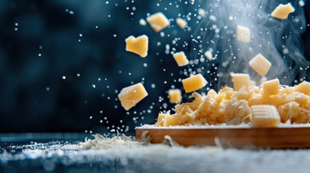 A captivating image of grated cheese and falling cubes on a dark background, surrounded by wisps of smoke, highlighting culinary craftsmanship and freshness.の素材