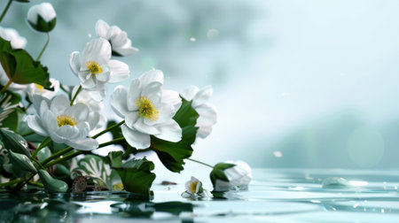 This stunning image captures elegant white flowers floating on calm water, creating a serene atmosphere. The soft focus background enhances the tranquility and beauty of the natural setting. Perfect for projects that require themes of peace and harmony.の素材