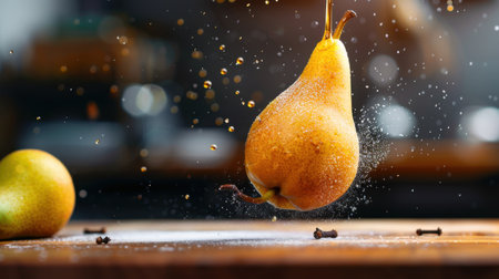 A vibrant pear suspended in mid-air, surrounded by splashes of water and fine sugar, showcases freshness and vitality in a rustic kitchen.の素材