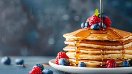 A tempting stack of fluffy pancakes topped with a medley of fresh blueberries and raspberries, drizzled with golden maple syrup. Perfect for breakfast.の素材