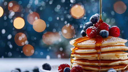 A mouthwatering stack of pancakes garnished with fresh berries and drizzled with maple syrup, set against a dreamy winter background filled with snow and enchanting bokeh lights.の素材
