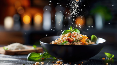 A beautifully presented quinoa dish garnished with fresh herbs and spices on a rustic wooden table, with a soft-focus background emphasizing its gourmet appeal.の素材