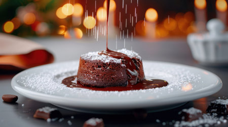 A stunning presentation of a rich chocolate lava cake on a white plate, drizzled with melted chocolate and dusted with powdered sugar, perfect for festive occasions.の素材