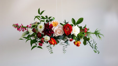 This stunning floral arrangement features colorful roses and daisies suspended in air, creating a fresh and modern decor element perfect for any space.の素材