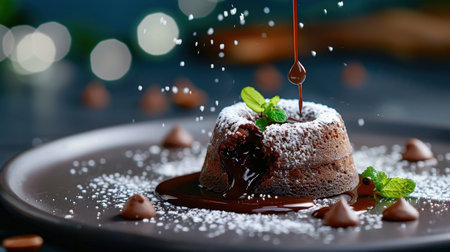 A beautifully presented chocolate lava cake featuring a molten center, decorated with mint, powdered sugar, and chocolate droplets on a dark plate.の素材