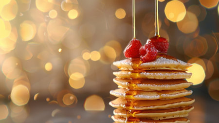 A visually striking stack of fluffy pancakes drizzled with golden syrup and adorned with fresh raspberries, set against a blurred golden backdrop.の素材