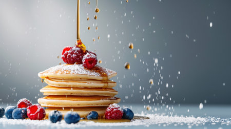 A beautiful arrangement of fluffy pancakes layered high, adorned with fresh raspberries and blueberries, drizzled with golden honey, perfect for breakfast.の素材