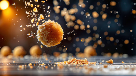 A captivating image of a dessert ball suspended in mid-air, surrounded by flying crumbs, showcases the art of indulgence in food photography.の素材