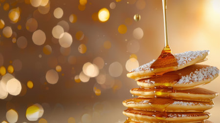 A tempting stack of pancakes glistening with syrup elegantly drizzled over them, set against a dreamy background of soft-focus lights, perfect for breakfast.の素材